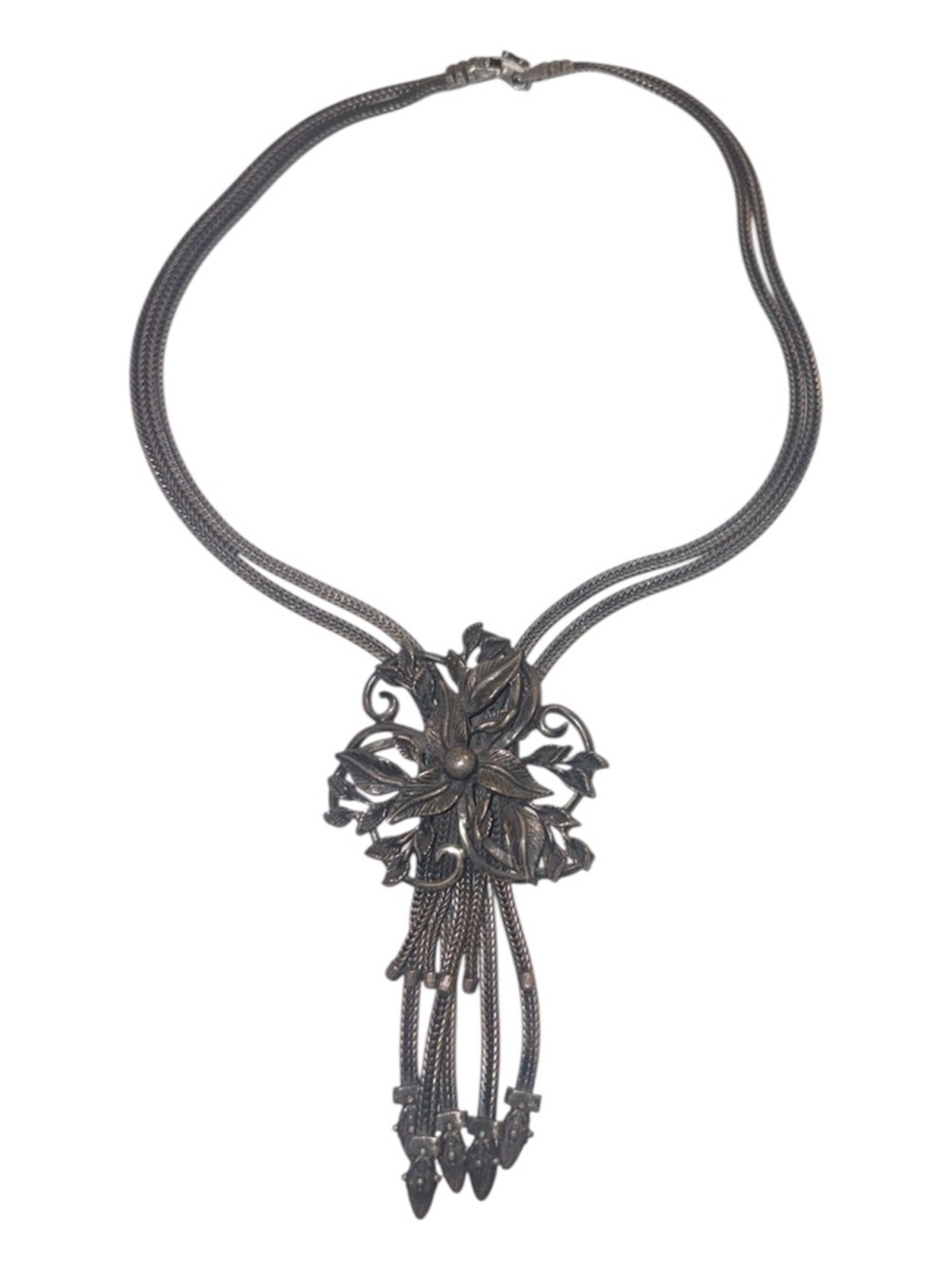 Botticelli Vintage Signed Silvertone Flower Pendant 12” Necklace with Tassels